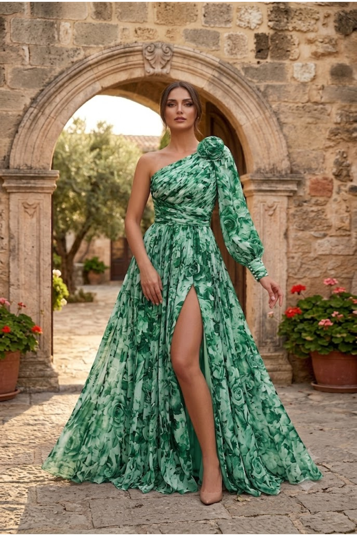 Gül Detaylı Tek Kol Şifon Elbise (Yeşil)