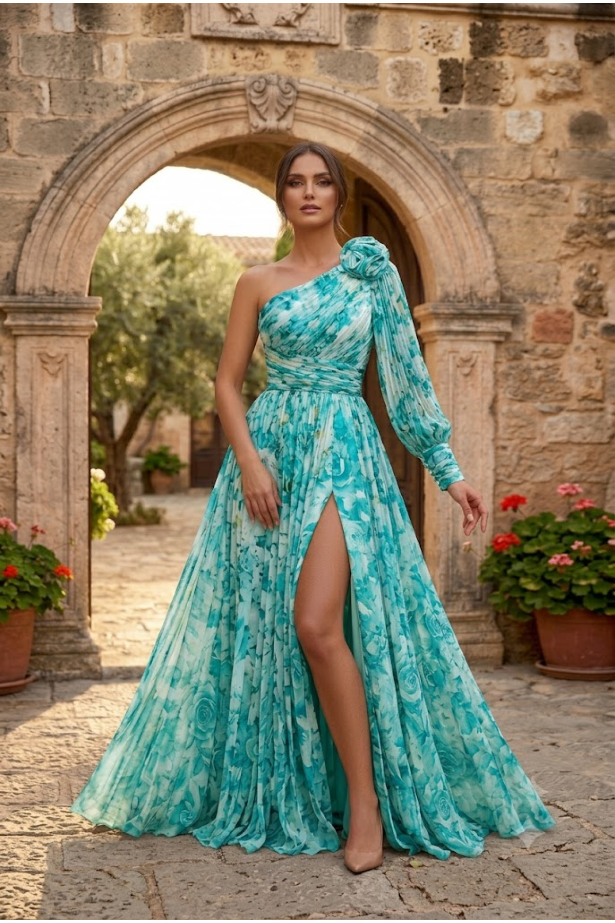 Gül Detaylı Tek Kol Şifon Elbise (Mavi)