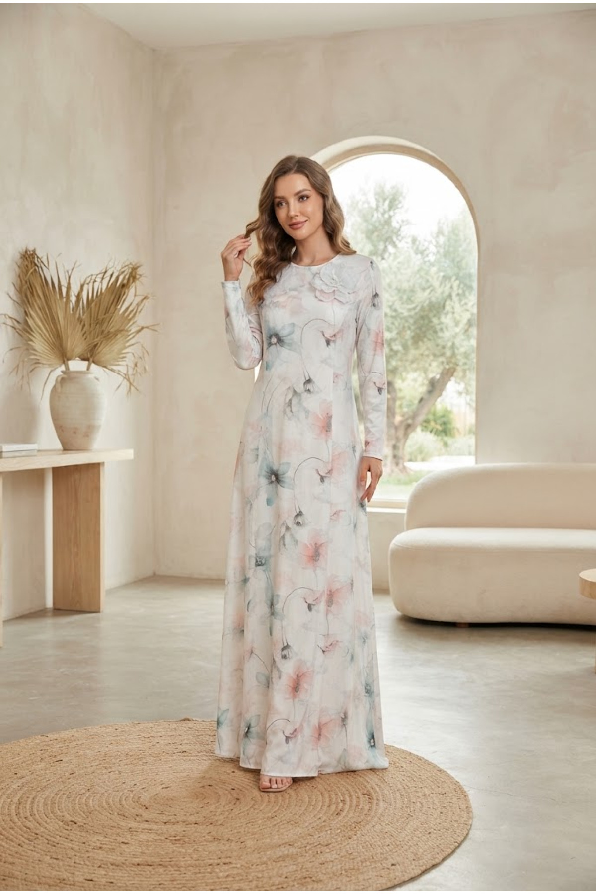 Gül Detaylı Çiçek Desenli Uzun Elbise (Mint Desenli)